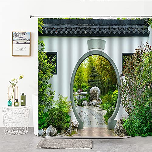 YUAOEUR Rideau de douche baignoire style chinois oriental avec motif en 3D - Avec crochets - 180 x 180 cm - Vert et blanc
