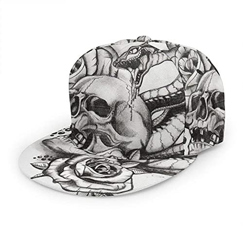 Oaieltj Unisex Baseballkappe Damen Herren Junge Mädchen Mode verstellbar 3D gedruckt Flat Bill Baseball Cap, Roses Horror Skull Graphic Schlange Tattoo, One size