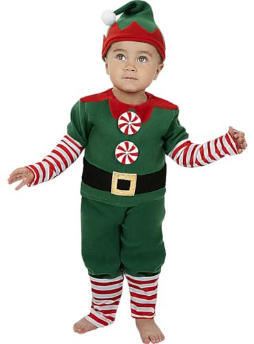 Funidelia Disfraz de elfo navideño para bebé, Incluye camiseta, pantalón y gorro, Navidad - Traje para bebé para fiestas, Carnaval y Halloween - Talla 6-12 meses