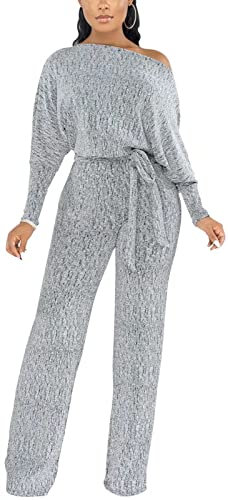 ZonJie Jumpsuits für Damen, elegant, sexy, glitzernd, Pailletten, schulterfrei, lange Ärmel, weites Bein, Clubwear, Strampler, 0786 Silber, Small