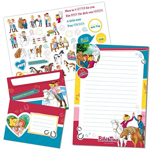 Papierdrachen Briefblock Set - 50 bunt bedruckte Briefbögen - Stickerbogen - 20 bedruckte Umschläge - Geschenkidee für Kinder (Bibi und Tina)