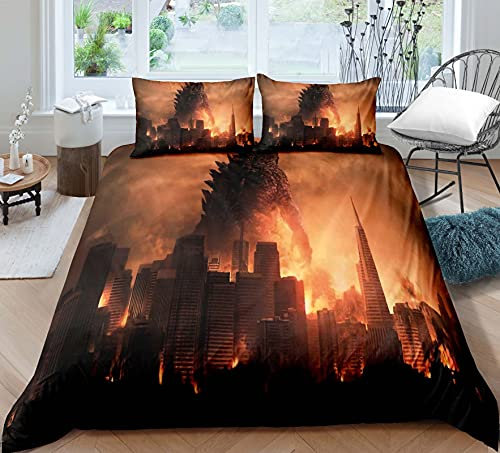 Bettwäsche Set 135 x 200 mit Anime Godzilla Motiv, Kinderbettausstattung mit Reißverschluss, Mikrofaser Bettwaren Set 3teilig für Kinder-1Bettbezug 135x200cm + 2Kissenbezug 80x80cm