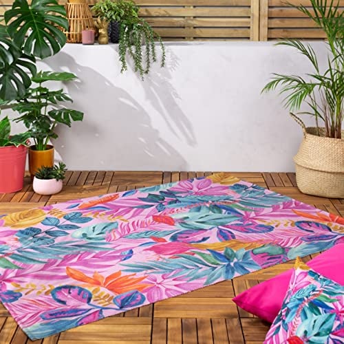 furn. Psychedelic Jungle Outdoor Washable Rug – Digitally Printed Tropical Floral Polyester Flatweave (Pink – 120x170cm)