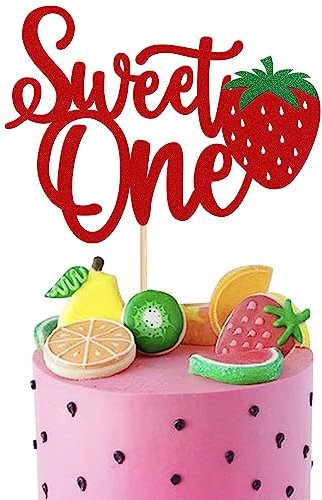 SYKYCTCY 1 Pack Sweet One Cupcake Topper Glitter First Birthday Strawberry Cake Pick for Fruit Baby Shower 1st Birthday Berry Sweet Cake Decorations Party Supplies