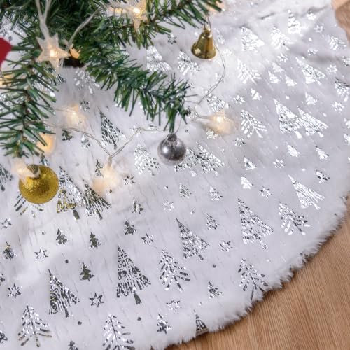 Lanpn 90cm Falda de árbol de Navidad, Retazos de Felpa Grande Gris, Cubierta Base para decoración (Plata)