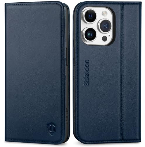 SHIELDON Hülle für iPhone 15 Pro 5G, Stoßfeste Schuzhülle [Rindsleder] [Kartenfach] [Verdicht TPU] Magnetische Handyhülle Klappbare Ledertasche Case Kompatibel mit iPhone 15 Pro 6,1 - Marineblau