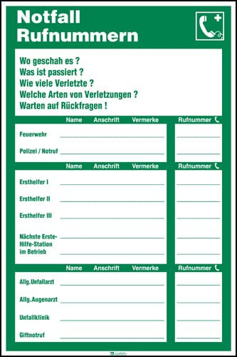 Sicherheitsaushang Notfall-Rufnummern, grün, Kunststoff, 200 x 300 x 1 mm