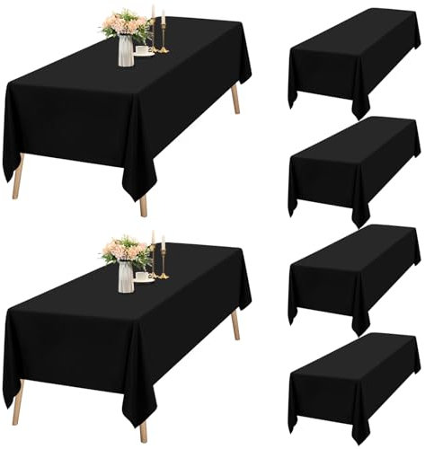 6er-Set Schwarze Tischdecken Rechteck 153 x 260 cm, wasserdichte Polyester Schwarze Tischdecken für 6ft Tisch, Waschbar Rechteckige Tischdecke für Party Hochzeit Buffet Camping Restaurant(60x102in)