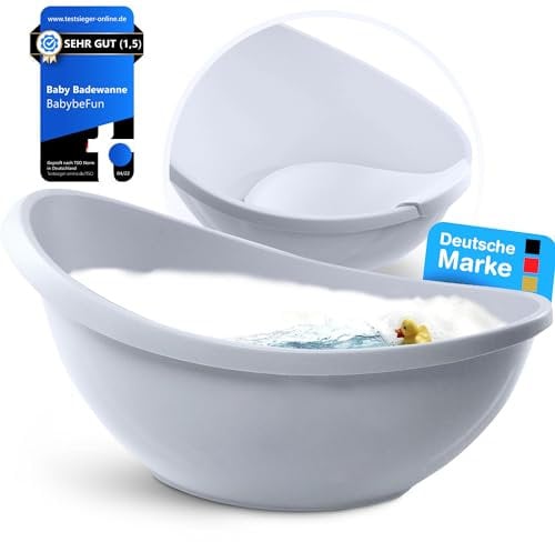 BabybeFun Baby Badewanne mit Badewanneneinsatz für Neugeborene - Testsieger - Rutschfeste Babybadewanne für Babys und Kleinkinder - 0-6 Monate - Babywanne für Dusche Badewanne Grau
