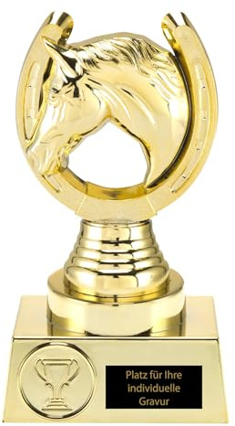 Reitsport Pokal 16,5 cm - Goldene Trophaee Pferdekopf & Hufeisen Award | Individuelle Wunschgravur auf bis zu 3 Zeilen fuer Turniere, hochwertige Kunststoffsaeule mit edlem Pferdesport Emblem