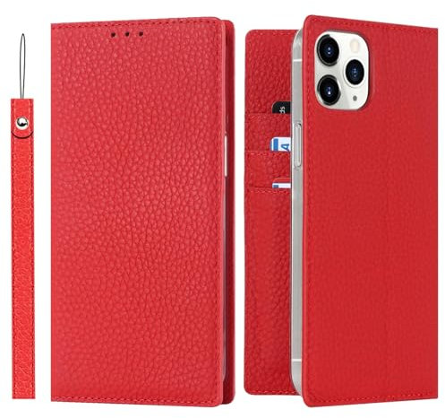 ELTEKER Hülle iPhone 12 Pro Max Handyhülle [Echtes Leder] Klapphülle mit Kartenfach,Schutzhülle Leder Hülle für iPhone 12 Pro Max-Rot