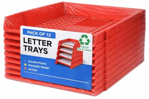 Deflecto A4 Pk of 12 x Essential Letter Tray In Red, A4 paper tray organiser, letter organiser storage, desk trays - CP043YTREDX12 - Pk of 12