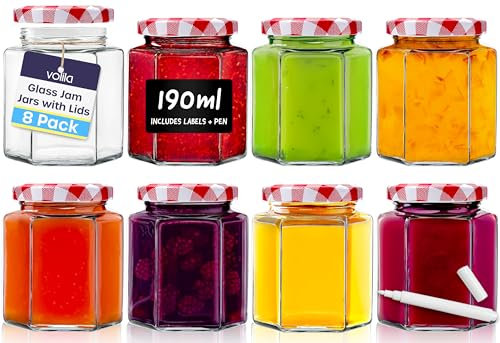 Jam Jars with Lids 190ml – 8 Pack Hexagonal Small Jars with Red Gingham Screw Top Lids – Airtight Glass Jars with Lids for Homemade Jam, Marmalade, and Chutney - Glass Jars with Lids