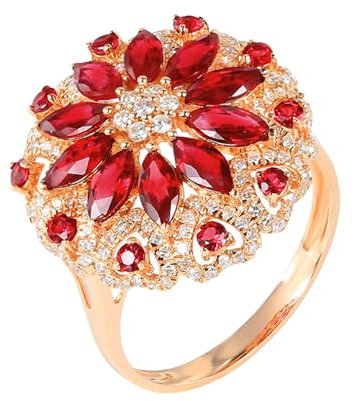Daesar Eheringe 750er Gold, Ring Damen Blume mit 2.21ct Kreierter Rubin Ring Gr.62, Eheringe mit Diamant Nickelfrei Gold