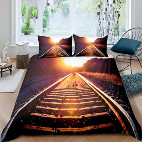 Bettwäsche 135x200 Eisenbahn 3D Muster Bahngleis Bettwäsche-Sets 3 Teilig Weiche Microfaser Bettbezug Set mit Reißverschluss und 2 Kissenbezug 80x80 cm B611