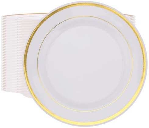 MAHIONG 50 PCS 19cm 7.5 Inch Plastic Dining Plates with Gold Rim, Elegant Serving Dessert Salad Bowls, Gold Plastic Party Plate for Weddings, Birthdays, BBQ, Buffets, Picnic