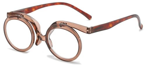 Lanomi Lesebrille Damen Herren klappbare Lesehilfe Kunststoff Makeup Sehhilfe Rund 90 Grad Flip Up Brille mit Stärke Transparent Braun 2.0