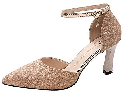 Womens Court Shoes Pointed Toe Low 𝗞itten Heel Ladies Pumps Ankle Strap Dress Wedding Sandals (Rose Gold, 4.5)