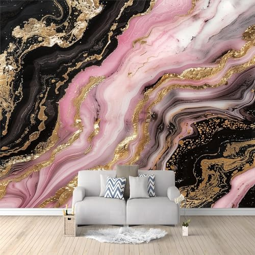 Art Fototapete Rosa-Schwarz-Gold-Marmor Wohnzimmer Schlafzimmer Vlies Tapete Wandtapete UV-Beständig Montagefertig 300 x 210 cm Wanddekoration