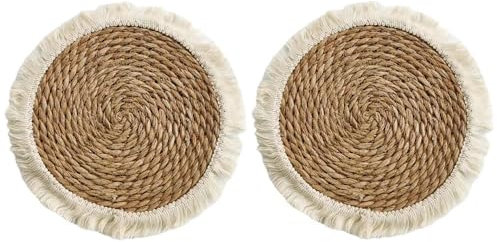 Round Woven Placemats, 33cm Set of 2 Natural Cattail Straw Kitchen Dinning Table Mats with Tassels, Rustic Boho Heat Resistant Table Mats Braided Farmhouse Placemats (Cattail Straw(33 x 33cm)-2Pack)
