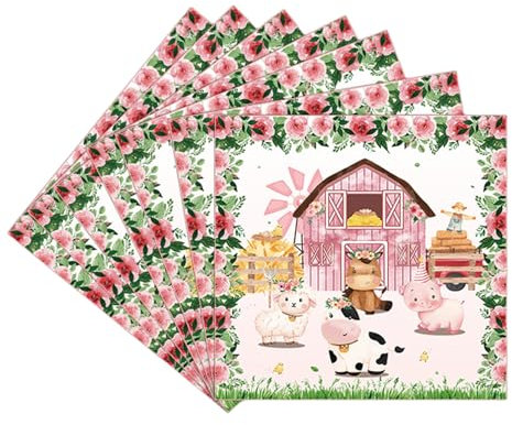 20Pcs Pink Farm Animals Party Napkins Serviettes,Farm Animal Party Decorations Napkin Tissue Cute Animal Paper Napkins for for Kids Birthday Baby Shower Farm Animal Barnyard Theme Party Supplies