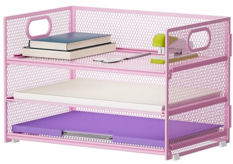 Marbrasse Desk Organiser,3 Tire Letter Paper Tray organiser with Handle,Mesh desk organiser tray for A4 File,Home Office Supplies (Pink)