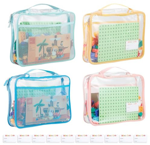 Large 4-Pack PVC Toy Storage Bags(Name Tag, 10 Memo Cards), Large 13.8 x 3.2 x 10 Clear Double Zipper Organizing Bags with Handle, Colored Blocks Board game Storage Organizer Case for Playroom