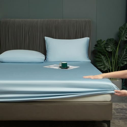 Spannbettlaken 180x200 Bambus Hellblau Kühlende Atmungsaktiv und Anti-Allergisch Bettlaken 50% Bambus und Mikrofaser Spannleintuch Doppelbett Uni Leintuch für Hohe Matratze Hoher Steg bis 25-30 cm