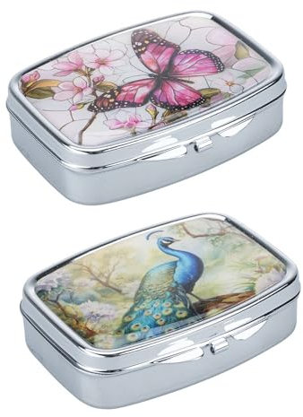 Ideen mit Herz | 2 Pillendosen | unterteilbar in zwei Fächer | mit Spiegel | 5,6 cm x 4 cm x 1,6 cm (Schmetterling & Pfau)