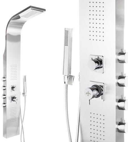Steinkirch Edelstahl Duschpaneel SK-9304 mit Thermostat Duscharmatur Regendusche Duschstange mit Duschkopfhalterung Regenduschkopf Dusche mit Körperdüsen Handbrause