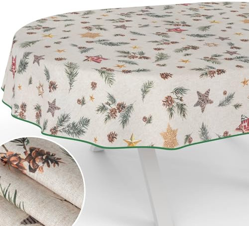 Weihnachtstischdecke Stofftischdecke Tischdecke Weihnachten abwaschbar pflegeleicht Weihnachten Stern Oval 180x140cm mit Saum (Eingefasst)