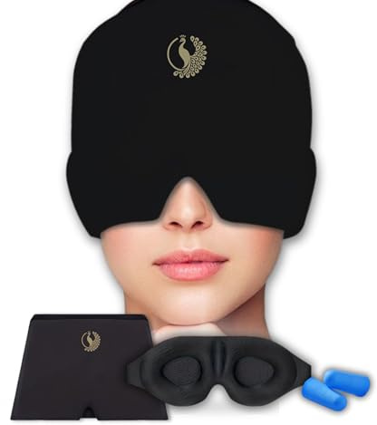 Migräne Maske, Kühlmaske Kühlmütze Set Schlafmaske Ohrstöpsel Kühlhaube Gel Surround kühlpads zur Linderung von Migräne, Kopfschmerzen, Druck, Heady Maske für Geschwollene Augen Stressabbau Schwarz