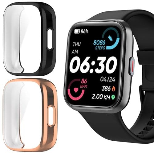 Blueshaweu Schutzhülle Für ID208 Plus Smartwatch 1,8'', Flexibles TPU Vollschutz mit schutzfolie Kratzfest Hülle Kompatibel Für Tensky/Fitpolo/Quican ID208 Plus Smartwatch (schwarz+Roségold)