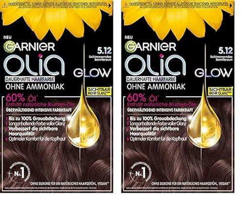 Garnier Dauerhafte Haarfarbe ohne Ammoniak mit pflegenden, natürlichen Ölen, Vollständige Grauhaarabdeckung, Olia Permanente Coloration, 5.12 Schimmerndes Samtbraun, 1 Stück (Packung mit 2)