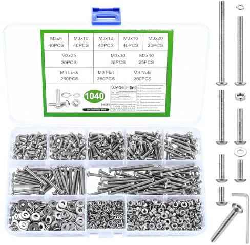 1040 Piezas Juego de Tornillos M3, Tornillo Allen M3, Tornillos y Tuercas y Arandelas Set, Tornillos de Cabeza Hexagonal con Tuercas, Tornillos de Cabeza Hueca Hexagonal de Cabeza Redonda y Tuercas