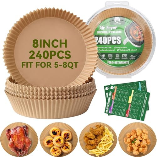 OAMCEG Airfryer Backpapier für Heißluftfritteuse 4.7-7.5L - 240 Stück Rundes Backpapier 20–24cm Einweg Zubehör aus Pergamentpapier - mit Rezepten für Familienküche, Backen, Frittieren Garen