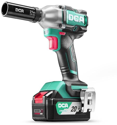 DCA Avvitatore a percussione brushless da 20 V con batteria da 4,0 Ah, attacco ad anello Hog, avvitatore a percussione senza fili con coppia alta 320 Nm, avvitatore a 4 stadi per lavori di auto e fai