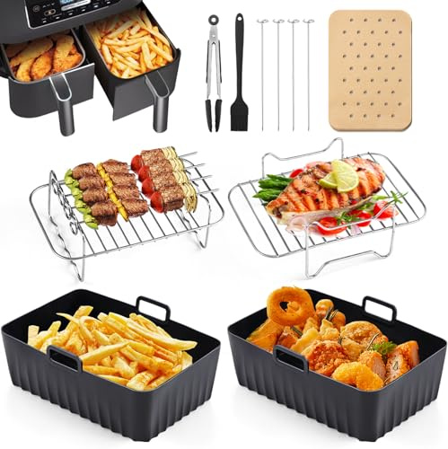 BEWOS 11 Stück Airfryer Zubehör für 7.6L-9.5L Heißluftfritteusen - Kompatibel mit Dual Ninja Heißluftfritteuse AF300EU/AF400EU |Inkl. Silikonform, Grillrost, Ölbesen, Zange & Fettabsorber Papiere