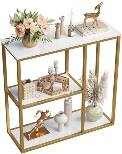 WOHOMO Table console étroite avec étagères de rangement de 30,5 cm, table de couloir moderne pour salon, 80 x 30 x 80 cm, blanc et doré