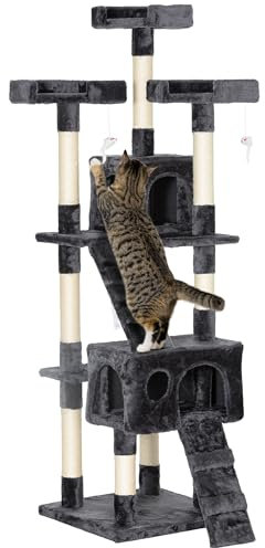 PawHut Albero Tiragraffi per Gatti con 3 Posatoi, 2 Casette e Giochi Appesi, Torre per Gatti in Truciolato e Peluche, 49x49x173 cm, Grigio