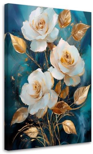 Feeby Bild auf Leinwand - Wandbilder Wohnzimmer Aesthetic - Rosenblüten Glamour Türkis - 60x90 1tlg - Schlafzimmer Wandekoration - Bilder Zimmer - Living Room - Deko Wandbilder - Moderne Bild