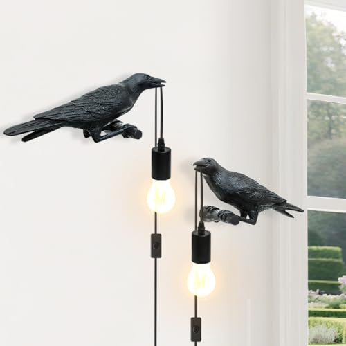 Krähen Wandleuchte Innen 2er Set Niedlich Vogellampe,Tier Wandlampe mit Schalter,Kreative Harz Wandleuchten,Home Rabe Dekorative Wand Lampe,Krähe Geschenke,E14 Sockelhalterung,Knopfsteuerung