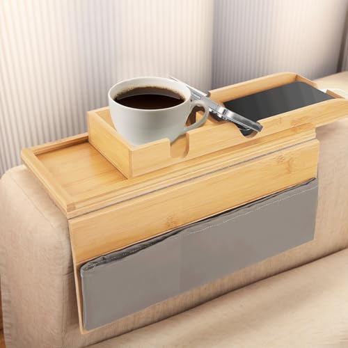 Delousiber Bamboo Foldable Sofa Arm Tray Table with Cup Holder, Anti-Slip, Stylish, Suitable for Most Sofas