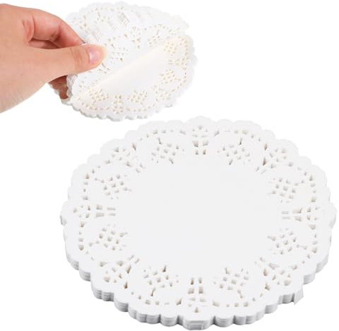 Piriuuo 100 Stück Rund Papierdeckchen, 11,5 cm Tortenpapier Rund Küche Backpapier Weiße Spitze Mehrzweck Papier Tischsets Einweg Papierdeckchen für Hochzeite Geburtstags Geschirrdekoration Party