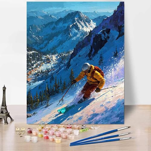 Figur Malen Nach Zahlen Erwachsene Ski Malen Nach Zahlen Kreativ Set Erwachsene 40 x 50 cm, Leinwand Ölgemälde Bastelset mit Pinsel und Farben für Zimmer Deko, Geschenke für Frauen, Ohne Rahmen -XY768