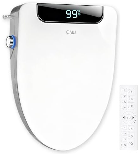QMU Sedile WC riscaldato allungato con display a LED e telecomando, bidet elettrico Smart Soft Close con asciugatrice, acqua calda, lavaggio femminile, ugello autopulente, IPX4, bianco