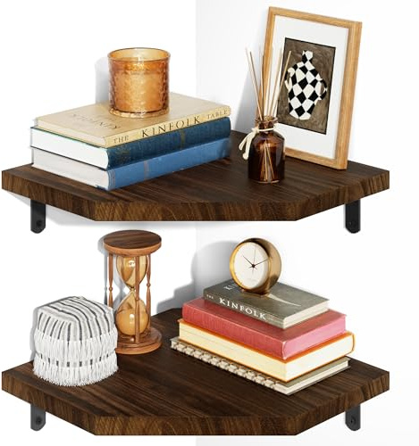Alsonerbay Corner Shelves with Cord Holes, Set of 2, Carbonised Black | Hexagonal shape, 2cm thick pine wood, 18kg per shelf, cable management, heavy-duty brackets, for multi‑room use