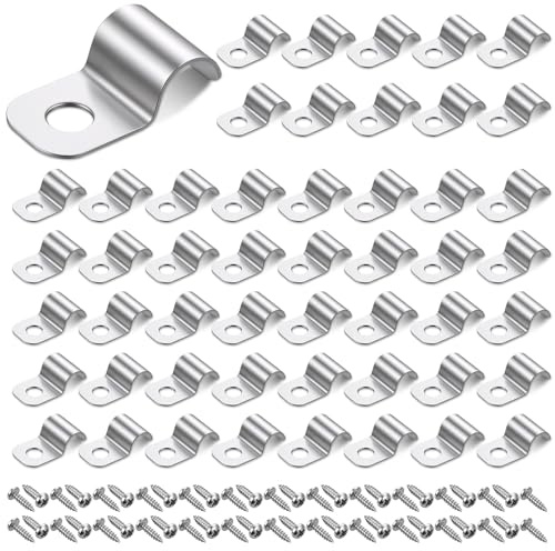 TIESOME 50 Stück Kabelschellen zum Schrauben, Kabelschellen mit 50 Edelstahl Schrauben Kabelhalter Ø 7-8 mm Einzelloch Rohrschellen Metall U Schelle Befestigungsschellen Schlauchschnalle für Rohre