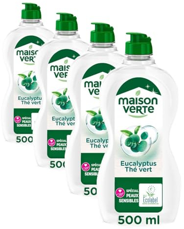 Maison Verte - Parfum aux Huiles Essentielles - Liquide Vaisselle - Parfum Eucalyptus-Thé Vert - Dégraissant à Froid - Pour Peaux Sensibles - 95% d'ingrédients d'origine naturelle - 500ml (Lot de 4)