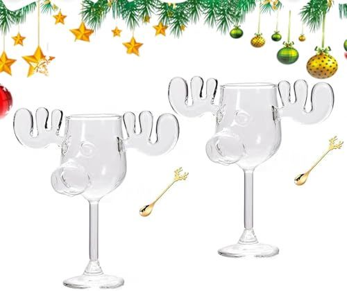 Christmas Moose Cup, Clear Thick Glass Mug with Spoon, 3D Antlers, Festive Hot/Cold Drinkware, Perfect for Eggnog, 2-Piece Set